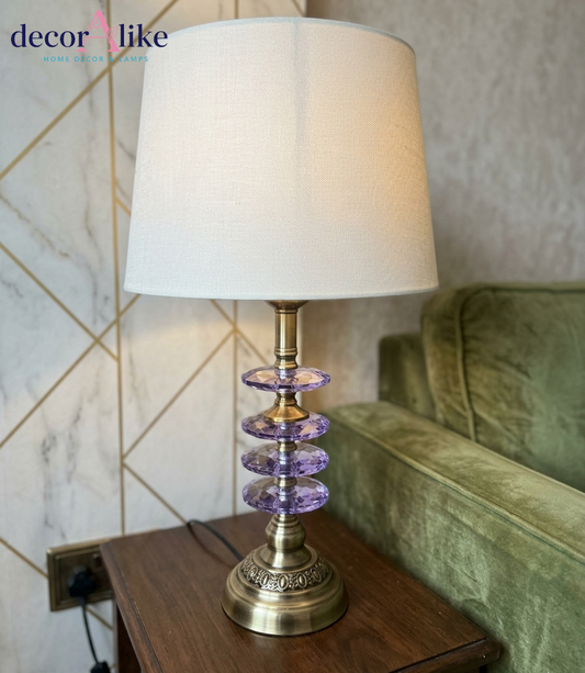 Purple crystal table lamp with antique brass base and beige linen shade — coloured bedside lamp Pakistan
