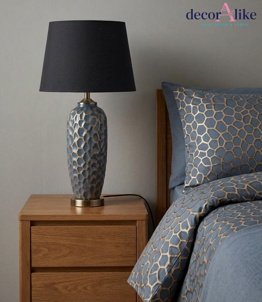 Tall Gray ceramic table lamp with carved honeycomb texture and gold base — statement living room lamp Pakistan