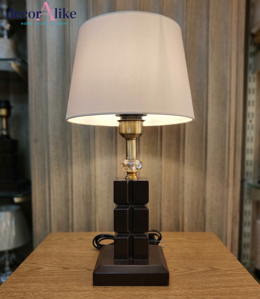 Wooden cube table lamp with crystal detail and white linen shade — wood bedside lamp Pakistan