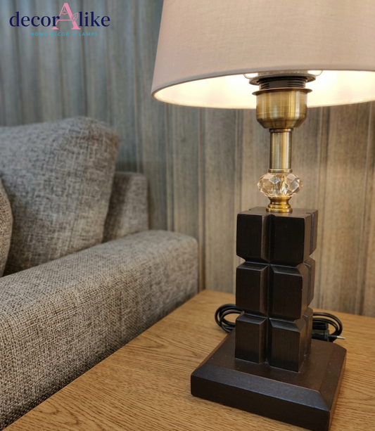 Wooden cube table lamp with crystal detail and white linen shade — wood bedside lamp Pakistan