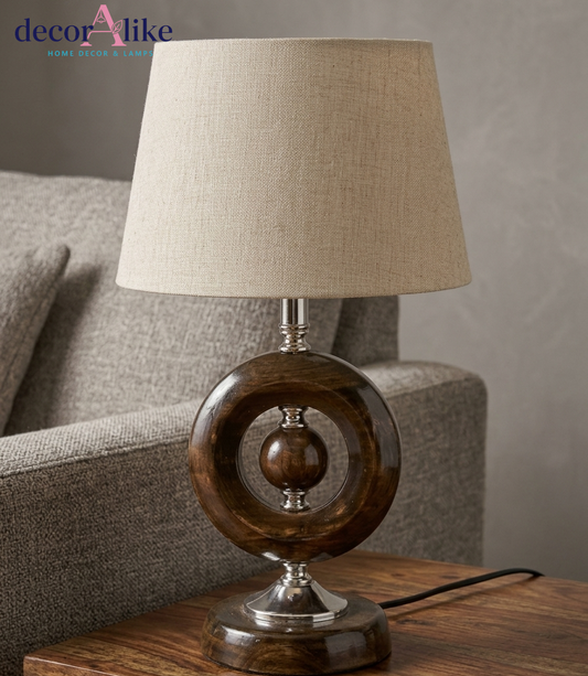 Wooden Ring Lamp Imported Chrome Fittings — Sculptural Bedside Lamp (Pair)