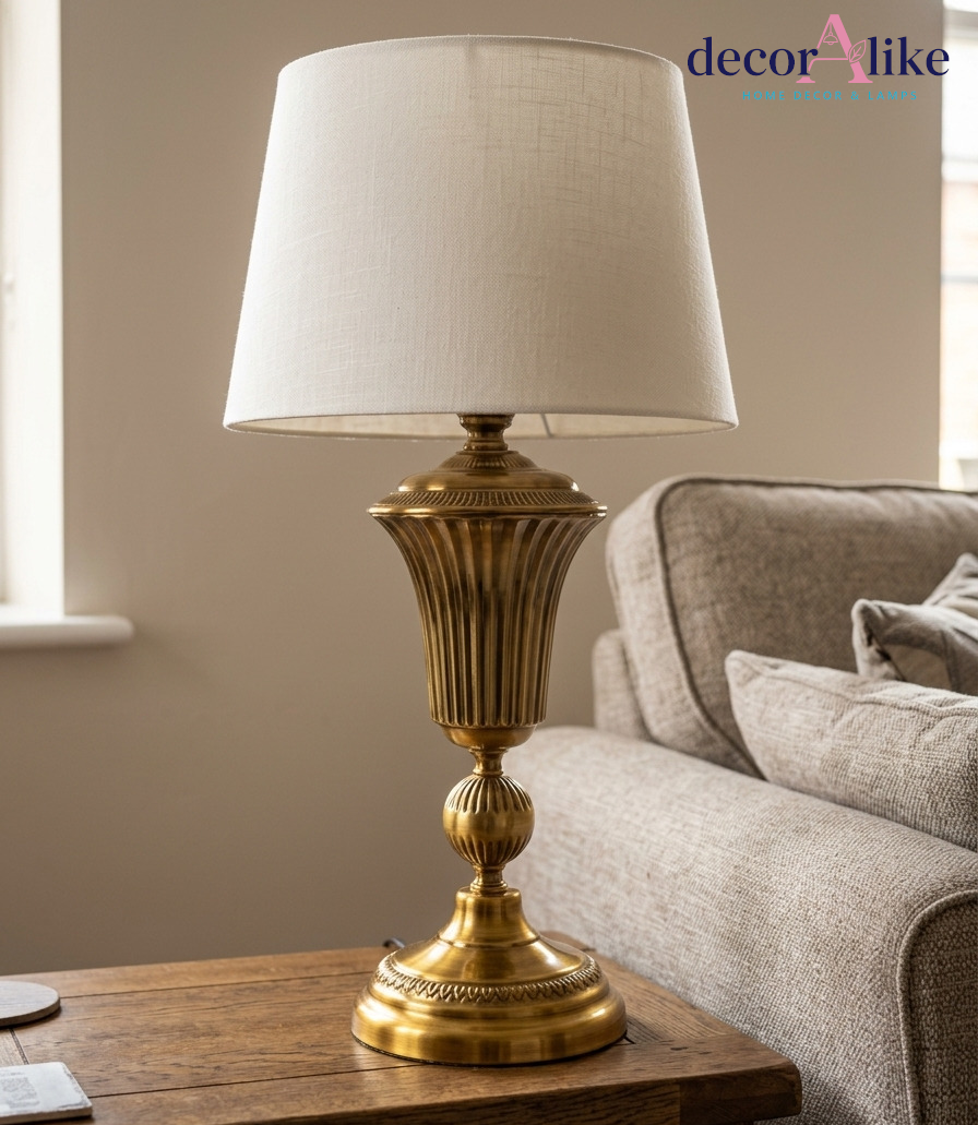 Antique brass fluted urn table lamp with ivory linen shade on a wooden side table beside a linen sofa