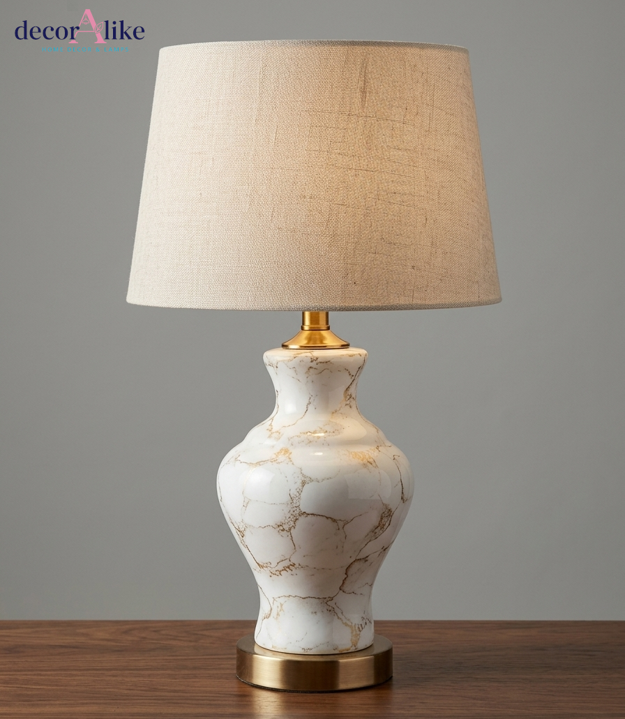 Marble effect table lamp with gold veining and brushed brass base — white bedside lamp Pakistan