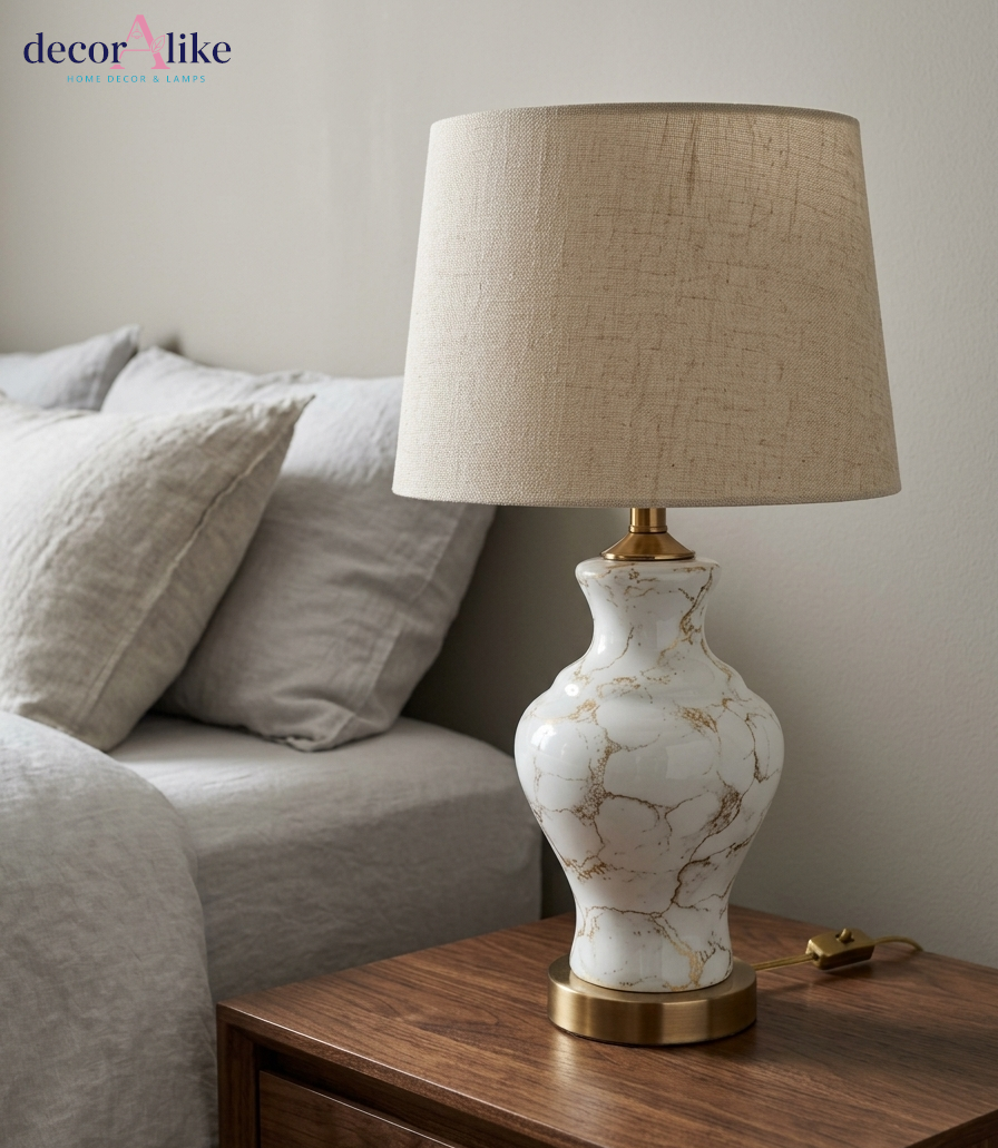 Marble effect table lamp with gold veining and brushed brass base — white bedside lamp Pakistan
