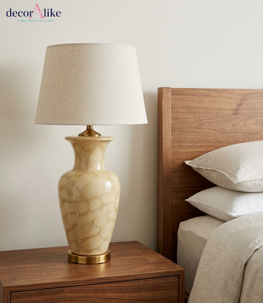 Cream marbled ceramic table lamp with brushed brass base and ivory linen shade — beige living room lamp Pakistan