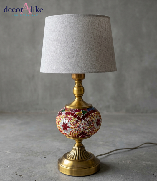 DecorAlike Colorful Turkish Mosaic Table Lamp with Red Yellow Geometric Star Pattern and Brass Base - Pakistan