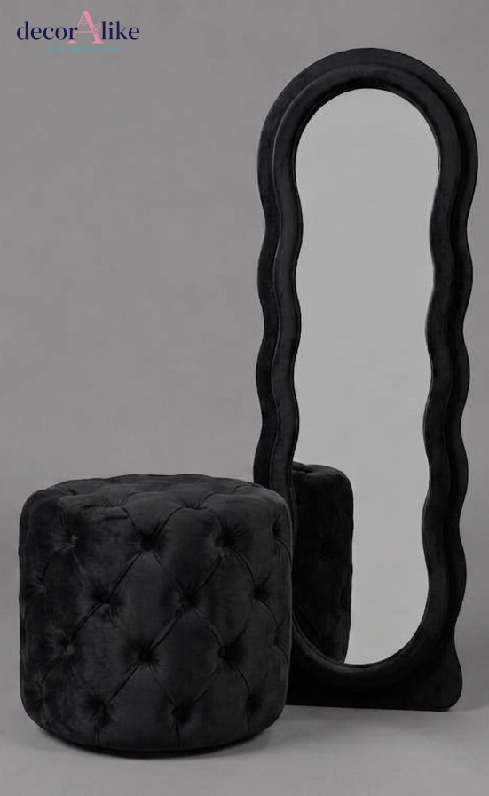 Black velvet wavy full length mirror with tufted round ottoman set by DecorAlike