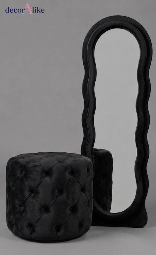 Black velvet wavy full length mirror with tufted round ottoman set by DecorAlike