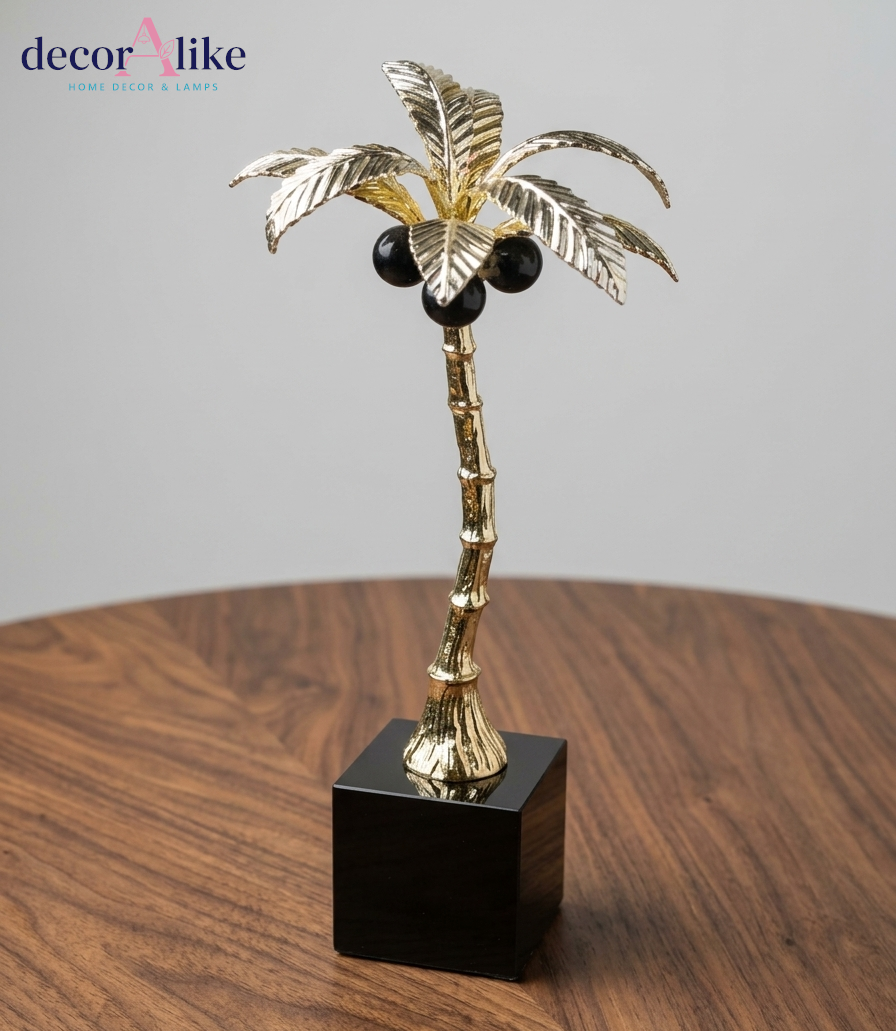 DecorAlike Golden Palm Tree Sculpture with Black Coconuts on Black Base - Luxury Tropical Decor Pakistan
