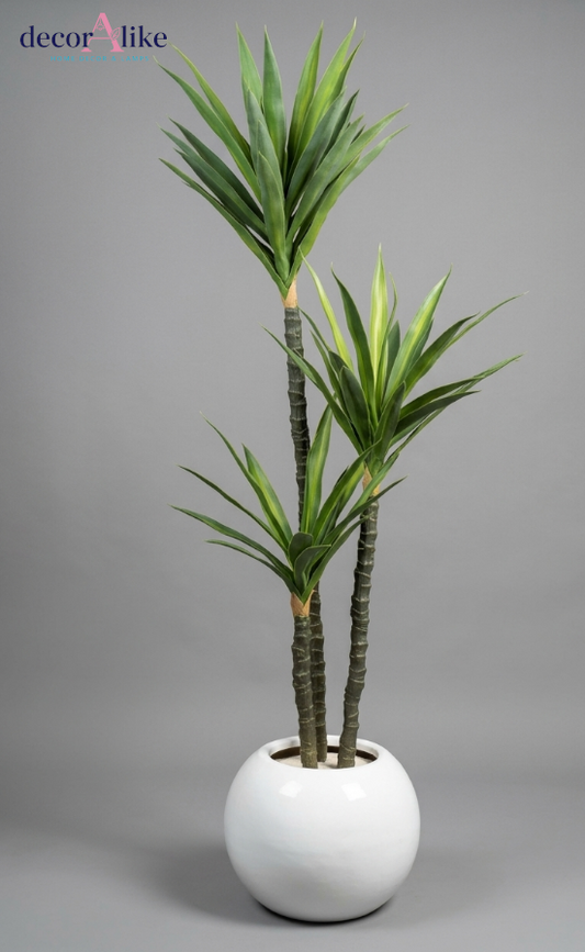 Artificial yucca tree with three trunks in white ceramic planter by DecorAlike