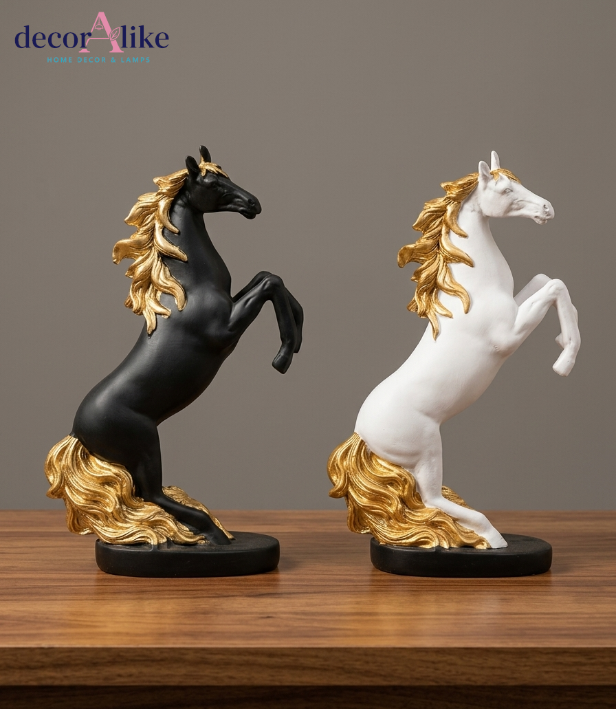 Black and white rearing horse statues with gold mane luxury resin figurine home decor - DecorAlike Pakistan