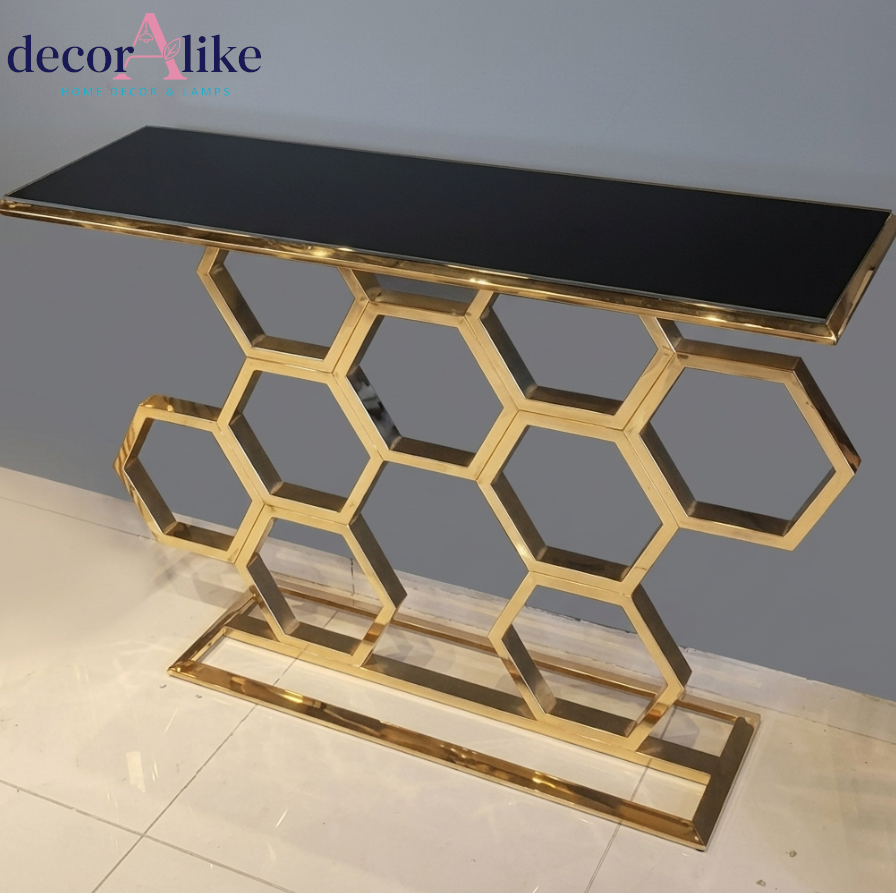 Gold honeycomb console table with black glass top - luxury entryway furniture Pakistan