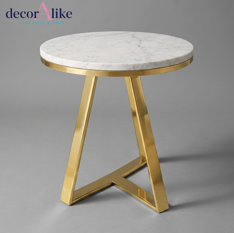 Round marble top side table with gold tripod base - luxury accent furniture Pakistan