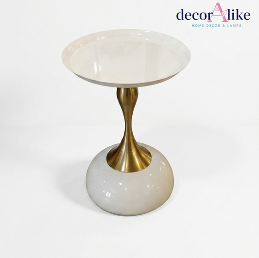 Sculptural round side table with brass stem and white base – Decoralike Lahore