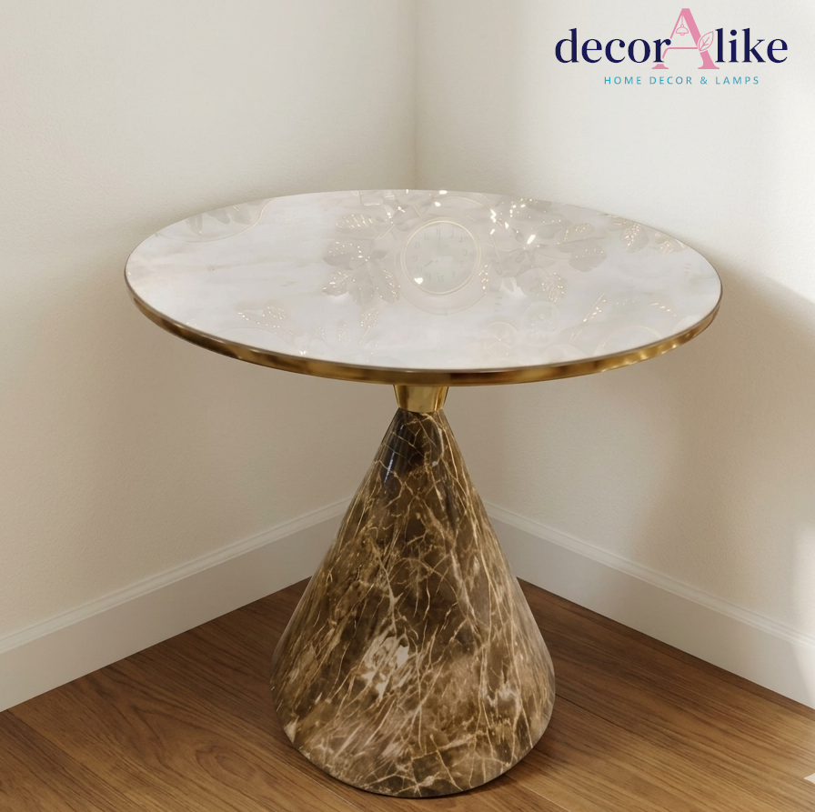 Marble-effect round accent table with clock inlay and brass trim – Decoralike Lahore