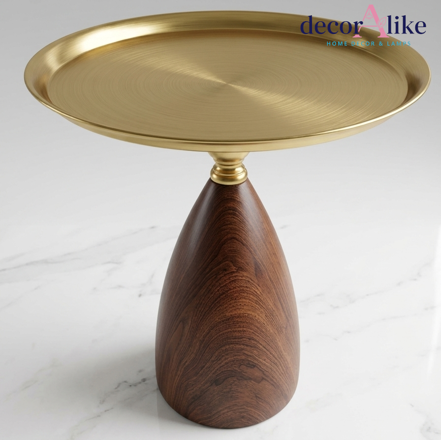 Brass tray side table with walnut wood cone base – Decoralike Lahore