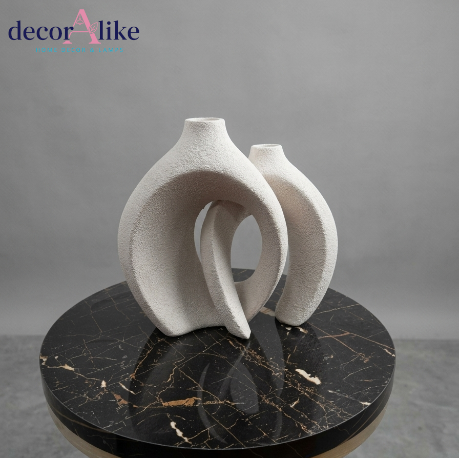 Set of 2 sculptural white donut vases with textured matte finish – Decoralike Lahore