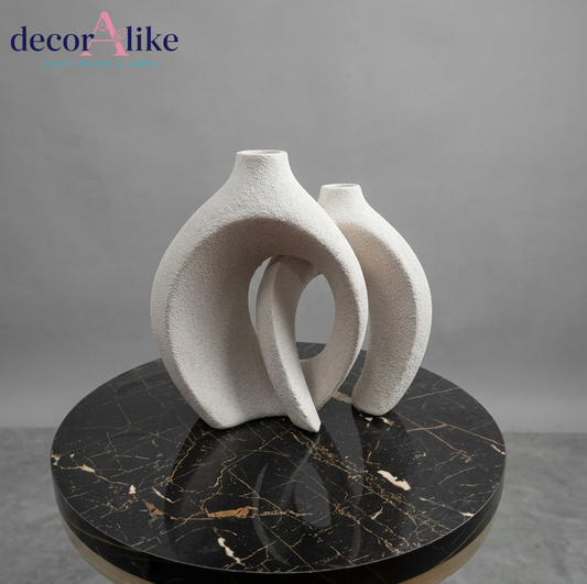 Set of 2 sculptural white donut vases with textured matte finish – Decoralike Lahore
