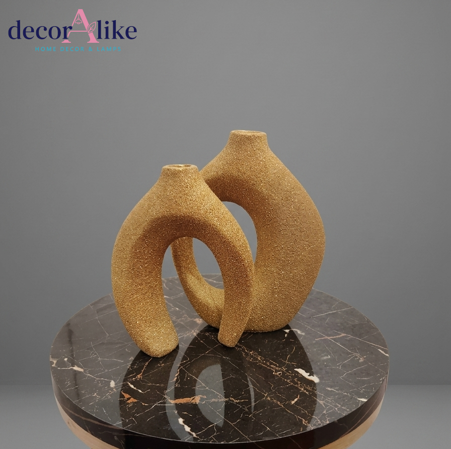 Set of 2 sculptural Golden donut vases with textured matte finish – Decoralike Lahore
