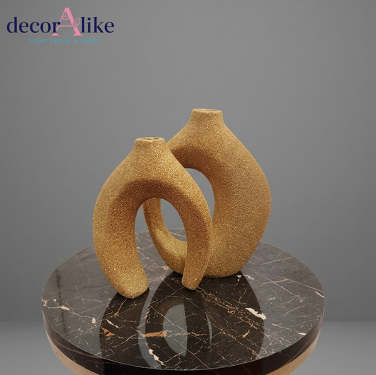 Set of 2 sculptural Golden donut vases with textured matte finish – Decoralike Lahore