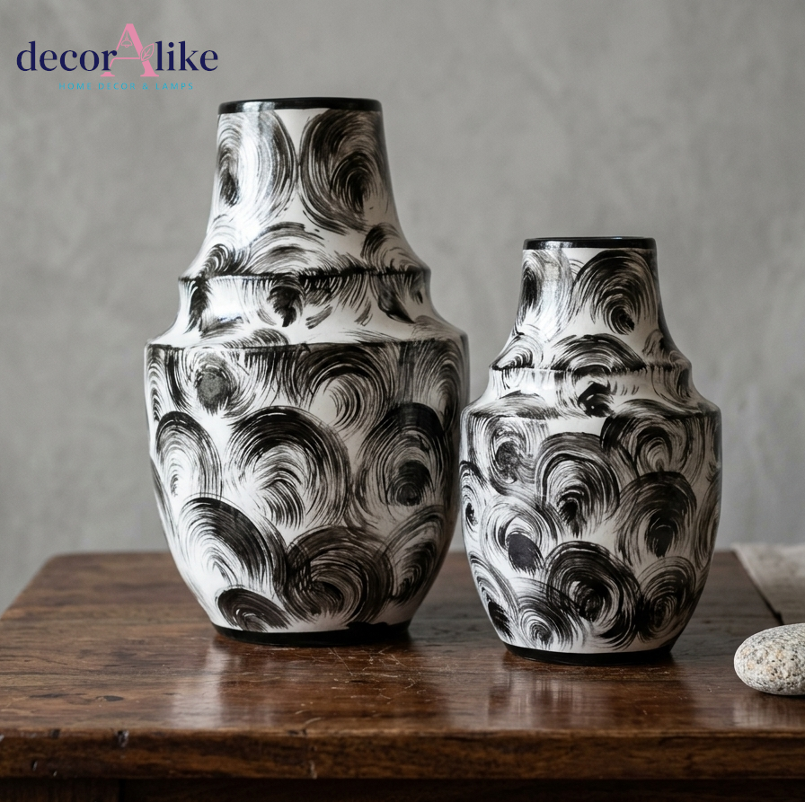 Set of 2 black and white abstract swirl ceramic vases modern artistic home decor - DecorAlike Pakistan