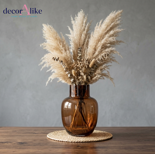 DecorAlike Amber Glass Vase with Large Dried Pampas Grass and Eucalyptus Arrangement - Boho Neutral Centerpiece Pakistan