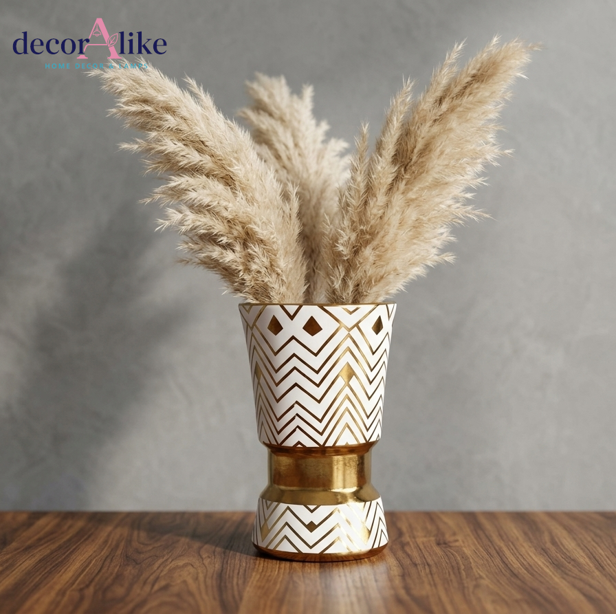 DecorAlike White Gold Geometric Ceramic Vase with Dried Pampas Grass - Modern Boho Luxury Centerpiece Pakistan