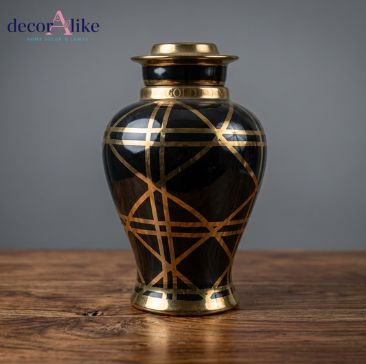 DecorAlike Black & Gold Geometric Lidded Vase - Luxury Modern Decorative Urn Pakistan