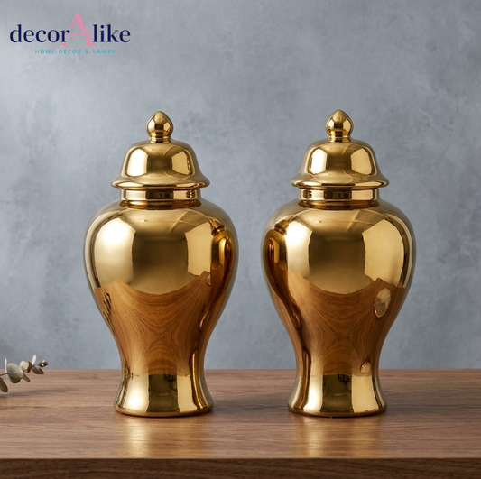 Luxury gold ginger jar vase close-up showing glossy metallic finish