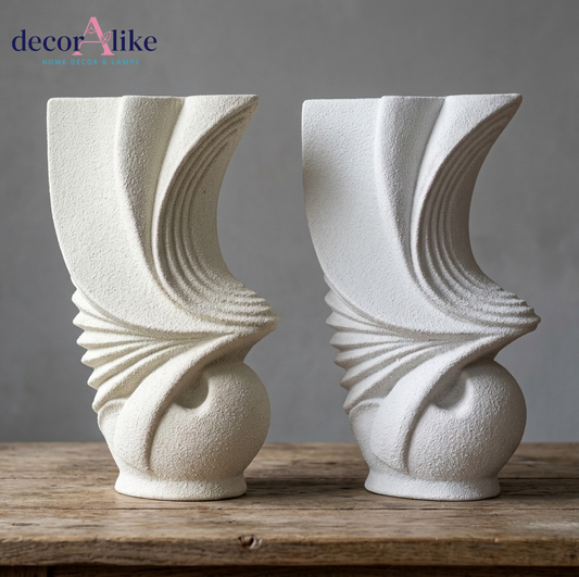 modern white sculptural textured ceramic vases on wooden table